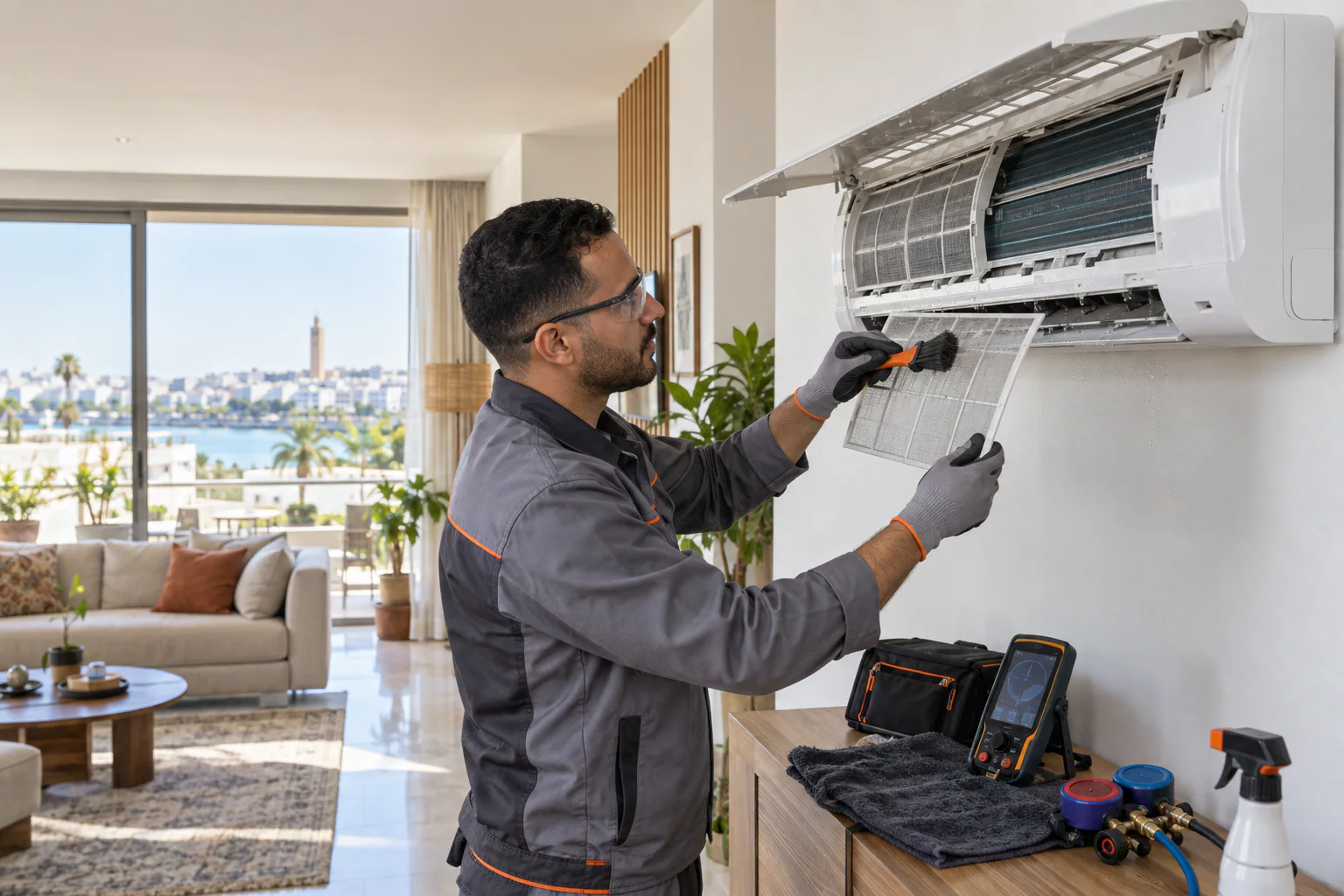 Technicien contrôlant une climatisation moderne